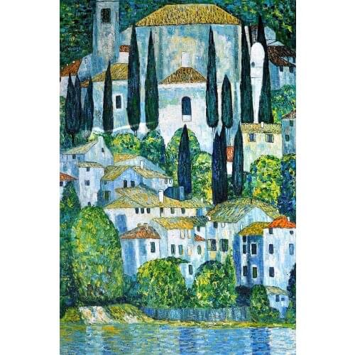 Handpainted Gustav Klimts Oil Reproductions - Church in Cassone Landscape Oil Painting on Canvas Classical Art Pictures