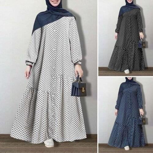 Muslim Dress Women Kaftan Printed Maxi Abaya Dress Womens Autumn 2021 Causal Puff Sleeve Vestidos Female Polka Dot Button Robe