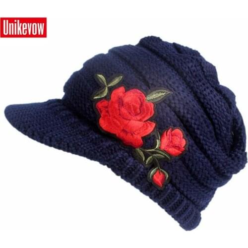 UNIKEVOW New arrival Embroidery rose beanie Casual hat with visor for Women Button cap for autumn spring winter ladies hats