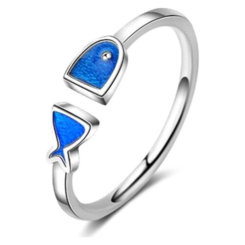 New personality fashion wild creative cute sweet blue small fish opening female models silver plated rings SA129