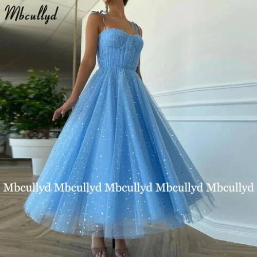New Fashion Sky Blue Tea Length Evening Dresses Starry Pleated Tulle A Line Back Custom Formal Party Dress Modest Prom Gowns