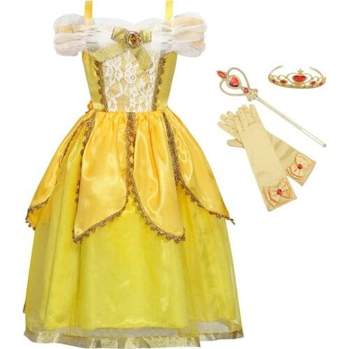 FINDPITAYA Girls Belle Dress Kids Shoulderless Yellow Party Princess Costume Children Girl Carnival Cosplay Dress up Ball Gown