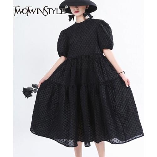 TWOTWINSTYLE Vintage Polka Dot Women Dress O Neck Puff Short Sleeve High Waist Ruched Loose Midi Ball Gown Dresses Female Tide