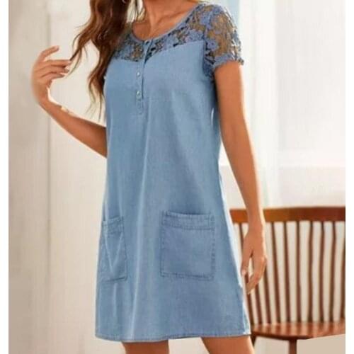 Embroidery Mesh Lace Denim Dress Patchwork Slim Women Short Sleeve Pure Color Thin A-line Jeans Dresses Plus Size S-2XL