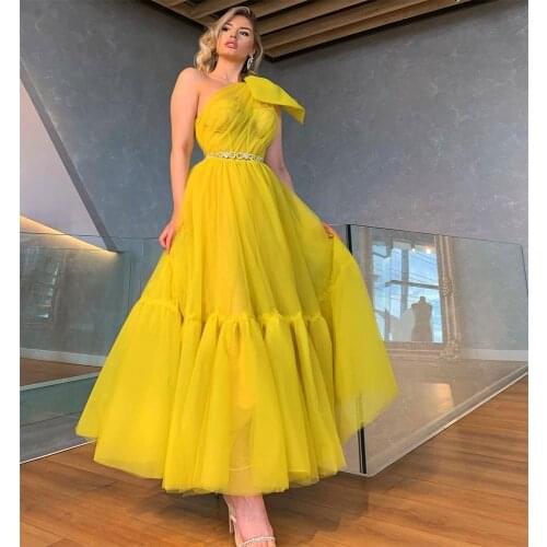 Pukguro Yellow Prom Dress One Shoulder A Line Bow Sleeveless Ankle Length Womens Party Dress Tulle Tiered Vestidos Party Gown
