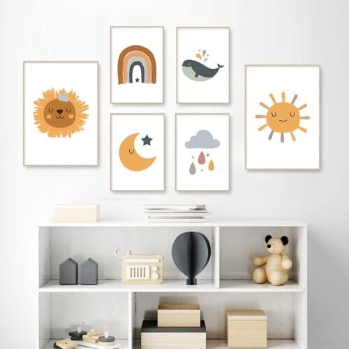 Modern Trendy Rainbow Sun Nursery Decor Poster Wall Art Canvas Painting Print Pictures New Baby Girls Gift Kids Room Home Decor