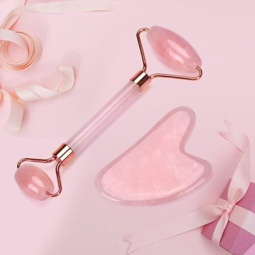 Rose Quartz Roller Face-lifting Massager Natural Jade Facial Massager Roller Slimming Jade Scraping Mask Brush Three-piece Set