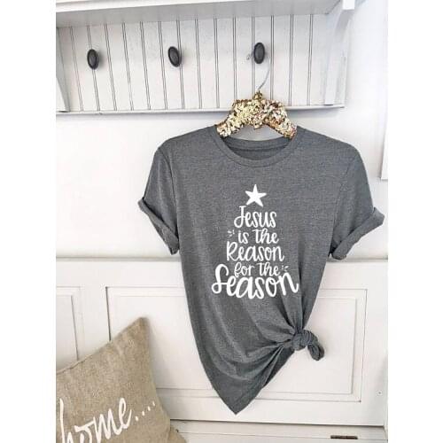 Unisex Short Sleeve Christmas Graphic Tops Funny Outfits Gray Clothing O-Neck Tee Jesus Is The Reason for The Season T-Shirt