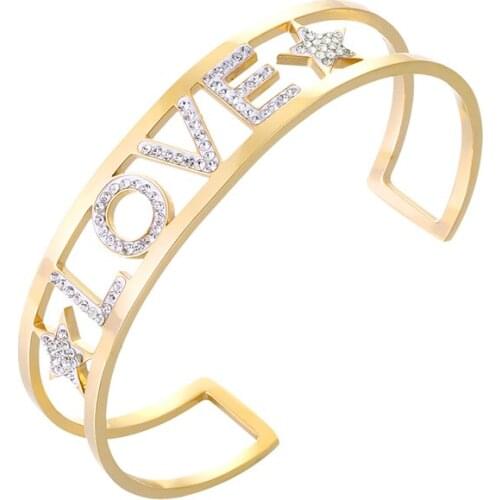 LOVE Letters Stainless Steel Bangle for Women Female Gift Colorful White CZ Stone Open Cuff Bracelet Hand Jewelry Accessories