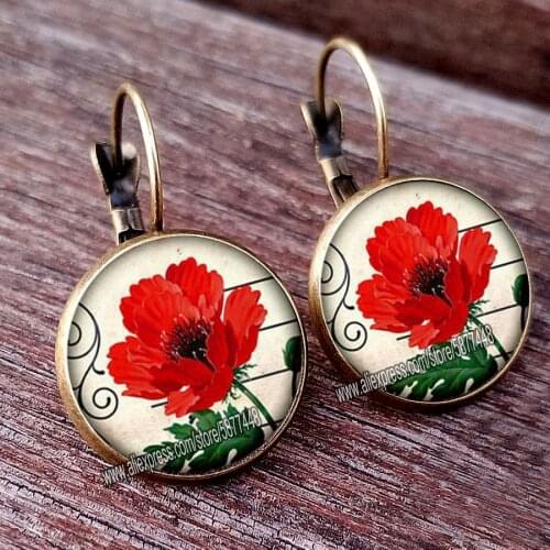 Red Poppy Flower Girl Stud Earrings Fashion France Earrings for Women Ear Hook Earrings Rose Flower Glass Cabochon Earring