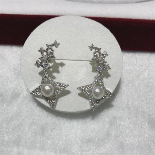 Natural freshwater white pearl AAA 5-6mm Tibetan silver Good quality zircon inlay stars earrings size 18X30MM