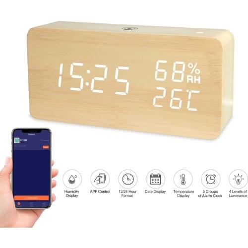 LED Wooden Alarm Clock Table Voice Control Digital Wood Electronic Desktop USB/Battery Powered Clocks Table Decor
