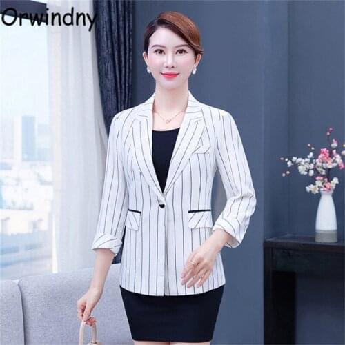 Orwindny Spring And Autumn New Blazer Women Slim Fashion Striped Suit Coat Office Lady Notched Clothing Female