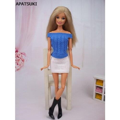 High Quality Handmade Doll Accessories Knitwear Blue Top & White Skirt Clothes For Barbie Doll House For 1/6 BJD Doll