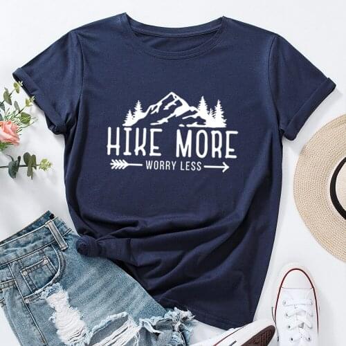 Hike Camping Print Short Sleeve 100%Cotton Tee Shirt Harajuku Mountain Graphic Ladies Tops S-5XL Oversized Casual Female Tshirt