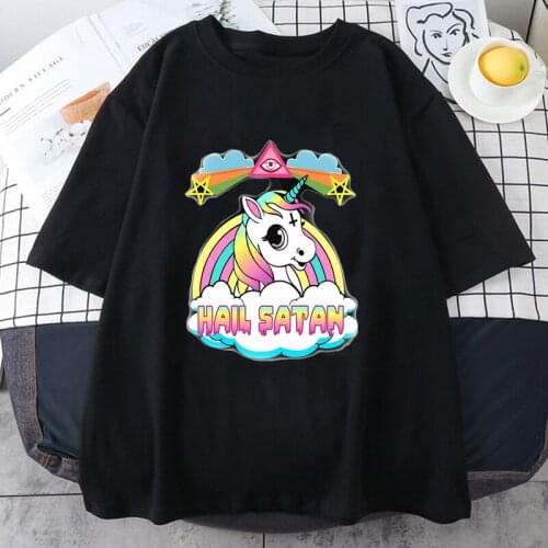 Brand T-shirt Womens 2021 Summer Tee Shirt New Korean Short Sleeve Tshirt Hail Satan Print Harajuku Womens T Shirt Clothing