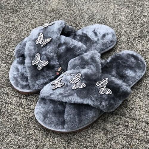 2021 New Female Designer Fluffy slippers Outside shoes designer slippers famous brands Comfortable Faux Fox fur Winter slippers