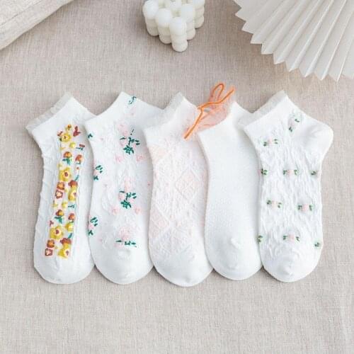 2021 Womens Vintage Boat Socks Flower Print Girl Casual Soft Sweet Sock Fashion Cute Summer Breathable Thin Socks