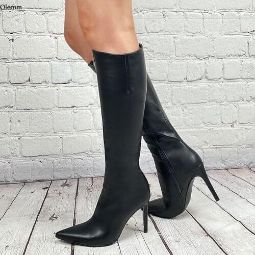Olomm Handmade Women Knee High Boots Side Zipper Stiletto Heel Boots Pointed Toe Black Casual Shoes Women Plus US Size 5-15