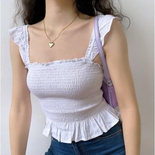 French Cute Fly Sleeve White Suspender Vest Womens Full Body Pleated Short Ruffle Top