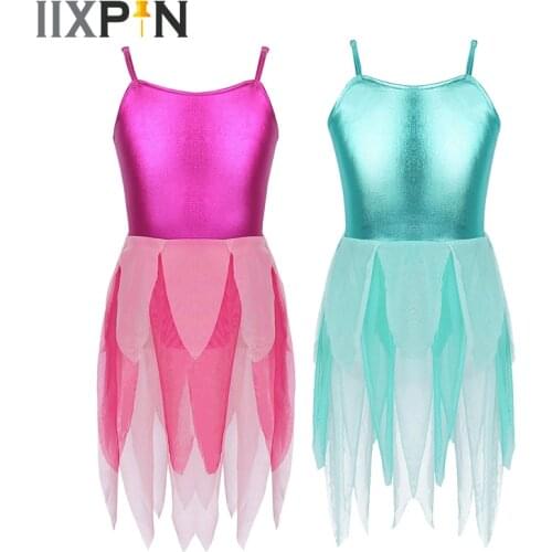 Shiny Metallic Girls Ballet Lyrical Dance Costumes Adjustable Shoulder Straps Tiered Tulle Contemporary gymnastics Leotard Dress