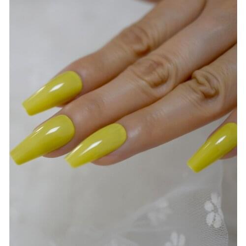Shiny Yellow Ballerina Summer Nails Beautiful Shape Tapered Coffin Fake Nails Full Cover Artificial Tips Natural Manicure 24