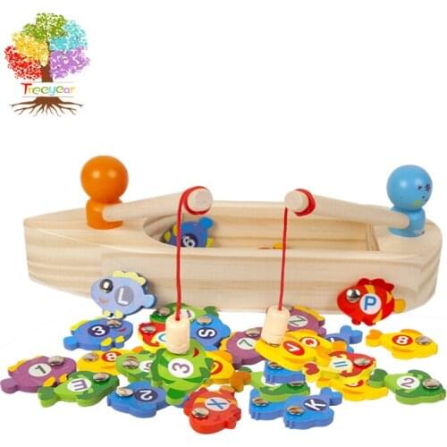 Treeyear Wooden Fishing Game Montessori Toys for Toddlers Magnetic Boat-Shape Fishing Toy Fine Motor Skill Learning