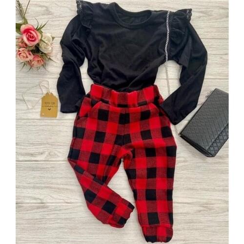 FOCUSNORM 2pcs Fashion Kids Girls Clothes Sets Ruffles Long Sleeve Solid T Shirts Plaid Printed Trousers Pants 0-4Y
