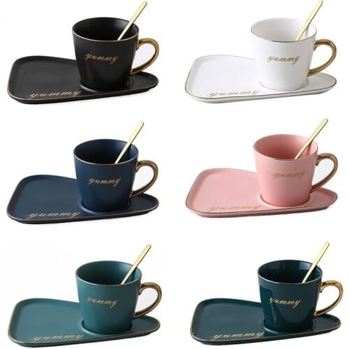 Ceramic Coffee Cup Saucer Spoon Set Dessert Plate Golden Rim Milk Tea Mug Porcelain Cafe Cup Birthday Couples Gift Custom Logo