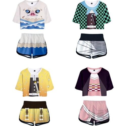 Anime Demon Slayer Kamado Tanjirou Hashibira Inosuke Cosplay Costumes Sweatshirts Sweatpants Teens Sportswear T-Shirt + Shorts
