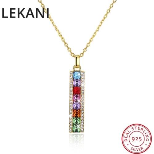 LEKANI Fashion Long Bar Pendant Necklaces Gold Plated Real 925 Silver Collares For Women Party Gifts Crystals From Swarovski