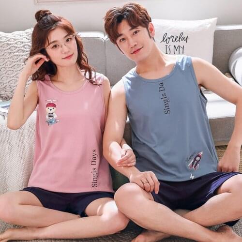Summer Cotton Couple Vest Pajama Sets Cartoon Pyjamas Sleeveless Tops+Short Pants Pijamas Plus Size M-3XL Lovers Sleepwear
