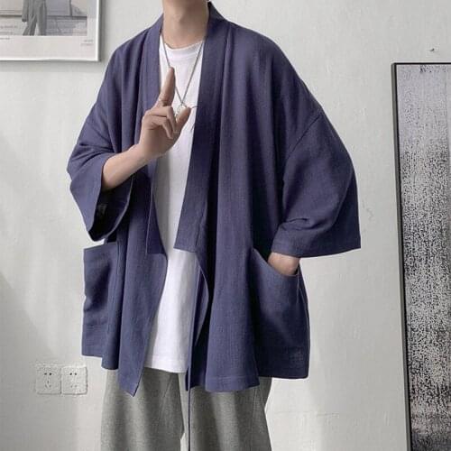 Mens Summer Thin Section Three-Quarter Sleeve Wind Road Robe Retro Casual Loose Shirt Japanese Style Cotton Linen Shirt Jacket