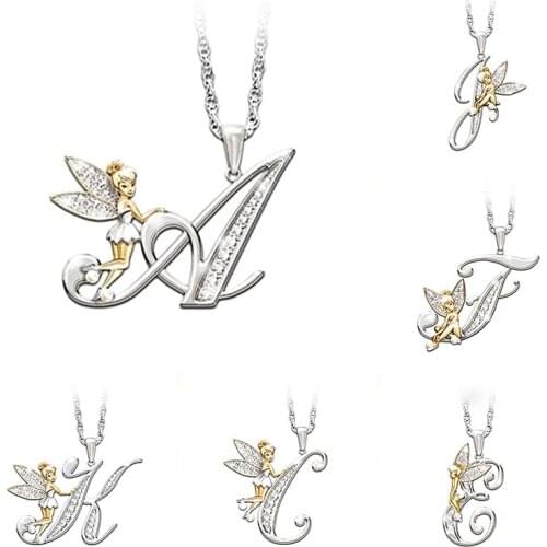 Rhinestone Letters Name Initials Pendant Necklace Fashion Elf Flower Fairy Gold Silver Color Necklace For Women Girl Jewelry