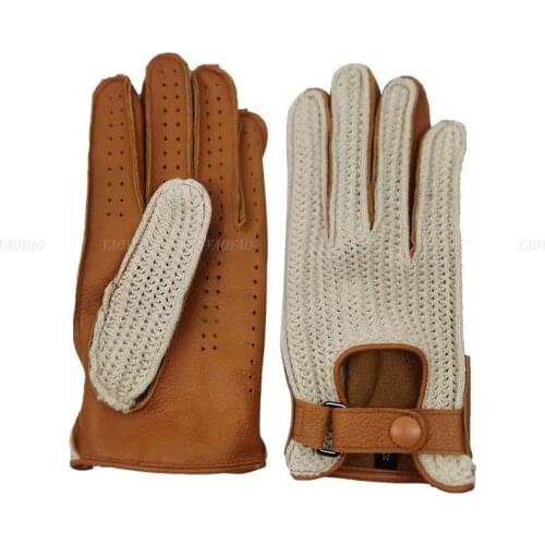 Stylish Men Deerskin Gloves Male Motorcycle Driving Riding Retro Mesh Thin Mittens Hombre Slim Breathable Non-slip Cuero Gants