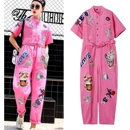 Belt! Summer Spring Women Pink Denim Jumpsuit Cartoon Sequins Appliques Denim Pants Jumpsuit Long Overall Hipster Rompers NZ73