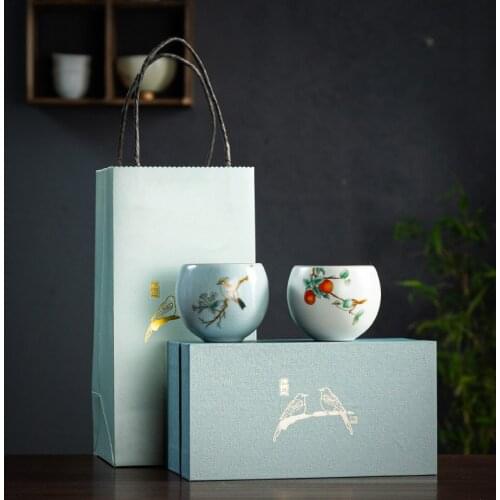 Ru-Porcelain Tea Cup Ceramic Kung Fu Couple Cups Ru Ware Natural Crack Supportable Master Cup Persimmon Single Cup Gift Box