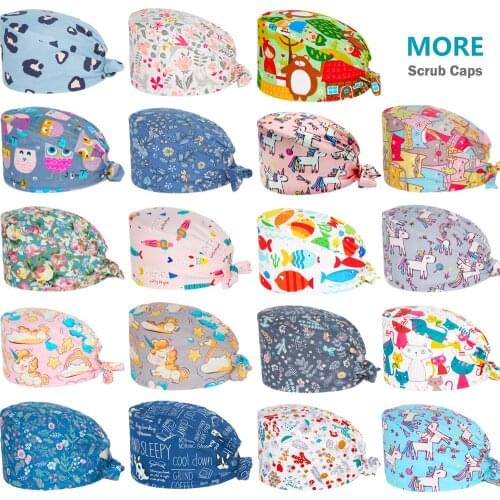 Scrubs Caps 100% Cotton Adjustable Beauty Salon Health Nursing Hat Nurse Uniform Accessories Anime Print Lab Scrub Cap Wholesale
