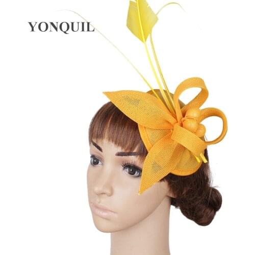 Bride Yellow Hair Fascinator Hats With Ostrich Feather Bridal Wedding Hair Accessories Event Womens Hairclips Party Headwear