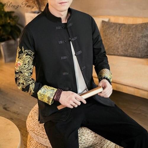 Traditional Chinese Style Embroidery Dragon Hanfu Blouse Wu Tang Suit Men Kung Fu Tops Jackets Cheongsam New Year Coats V1827