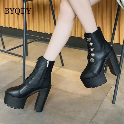 BYQDY Punk 5 Eyes Ankle Boots For Woman Chunky Platform Metal Decor Black PU Shoes Ultra High Heels Round Toe Female Footwear