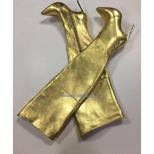 Gold Leather Thin High Heel Over The Knee Boots Woman Blade Heeled Winter Pointed Toe Heeled Shoes Thigh High Slouch Bota