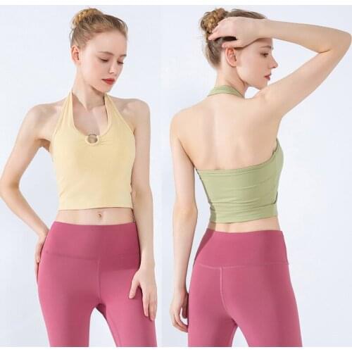 Women Sexy Low-Cut Dance Top Autumn New Sleeveless Halter Nude Sport Quick Dry Fitness Gym Tight Running Yoga Vest With Padded