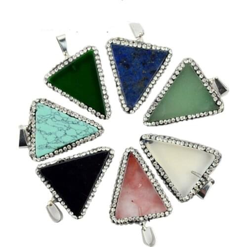 Triangle Rhinestone Wrapped Cubic Zircon Natural Stone Pendant Crystal Druzy Turquois Opal Quartz Pendant Necklace for Women
