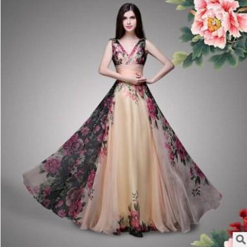 2021 Summer Top Selling Floor-length Elegant Temperament Floral Vintage Sleeveless Maxi Dress V Neck Dress Chiffon Free Shipping
