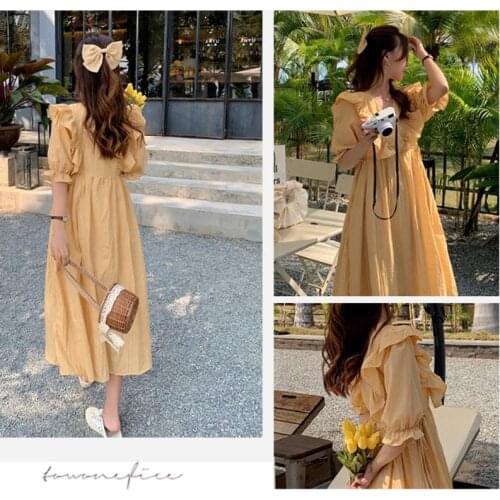Free Shipping Summer Women Yellow Dress Summer Chiffon Loose Ruffles Women Dress V-neck Robe Slim Midi Women Clothes Dresses