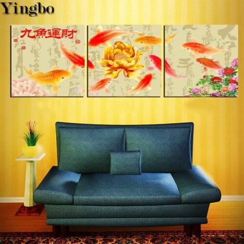 5D Round Square DIY Diamond Embroidery Chinese Calligraphy Painting Koi Fish Lotus Cross Stitch Diamond Painting Triptych mosaic