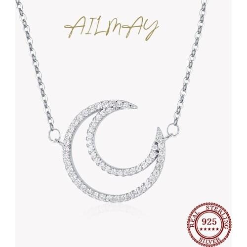 Ailmay Real 925 Sterling Silver Simple Hollow Moon Pendant Dazzling Zircon Necklace For Women Minimalist Fine Jewelry