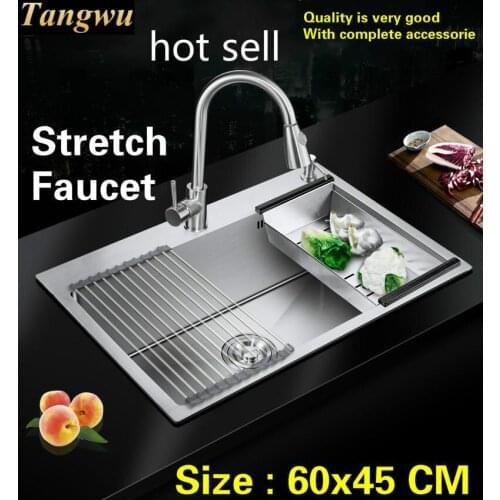 Free shipping Hot sell household vogue stretch faucet big kitchen manual sink single trough durable 304 stainless steel 60x45 CM