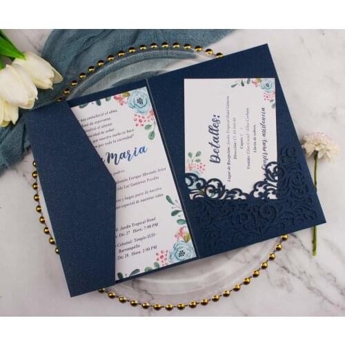 Free Drop Shipping 50X Gold/Dark blue Laser Cut tri-fold Wedding Invitation Cards Kit Personalized Pocket Invite Customized RSVP